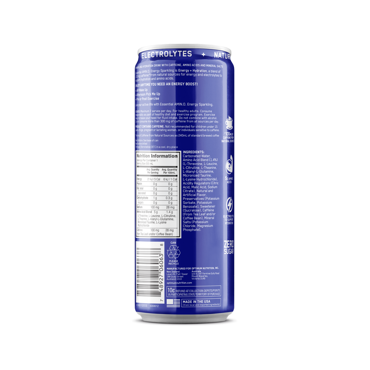 Amino Energy + Electrolytes Sparkling RTD by Optimum Nutrition (Box of 12 Cans) - Sardo Nutrition