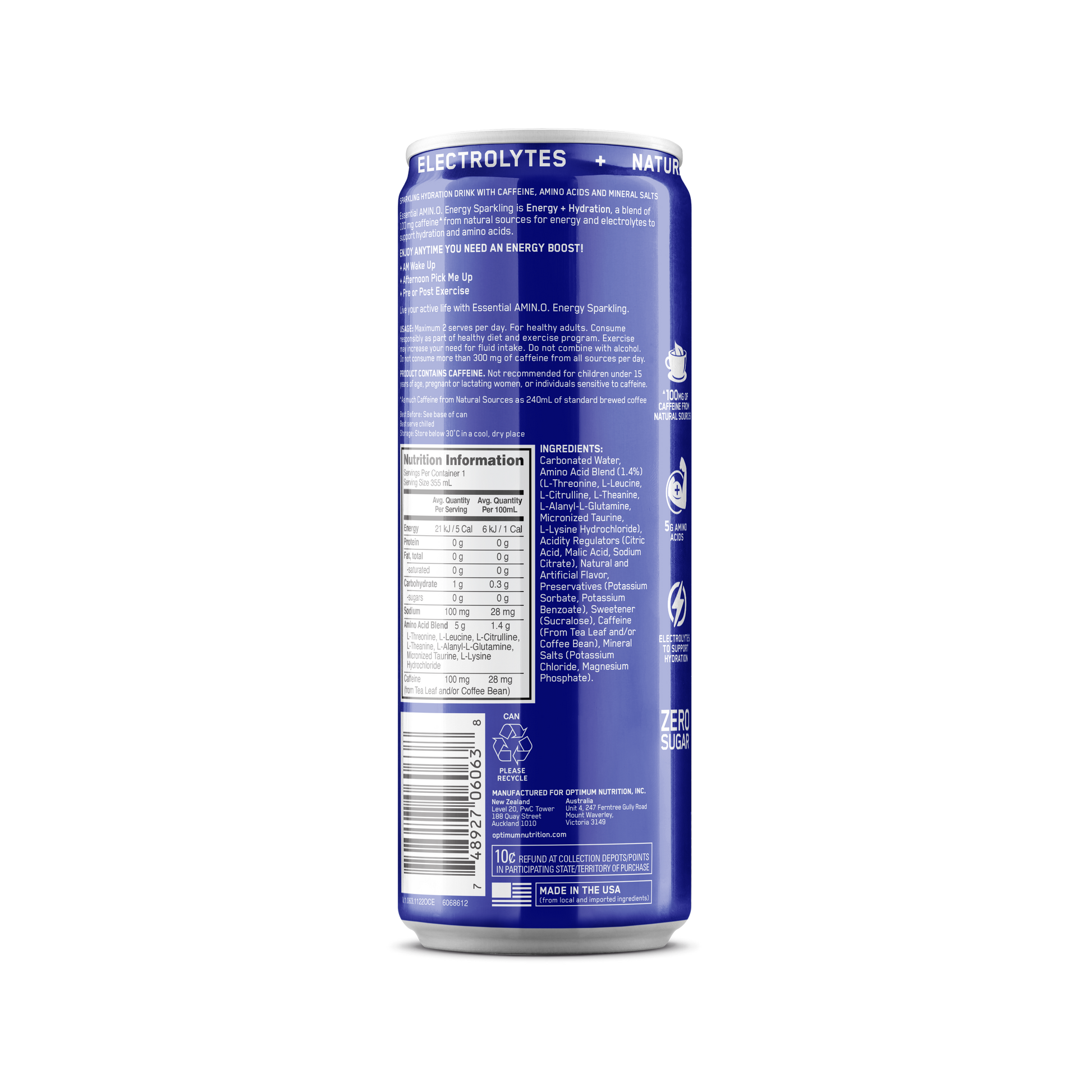 Amino Energy + Electrolytes Sparkling RTD by Optimum Nutrition (Box of 12 Cans) - Sardo Nutrition