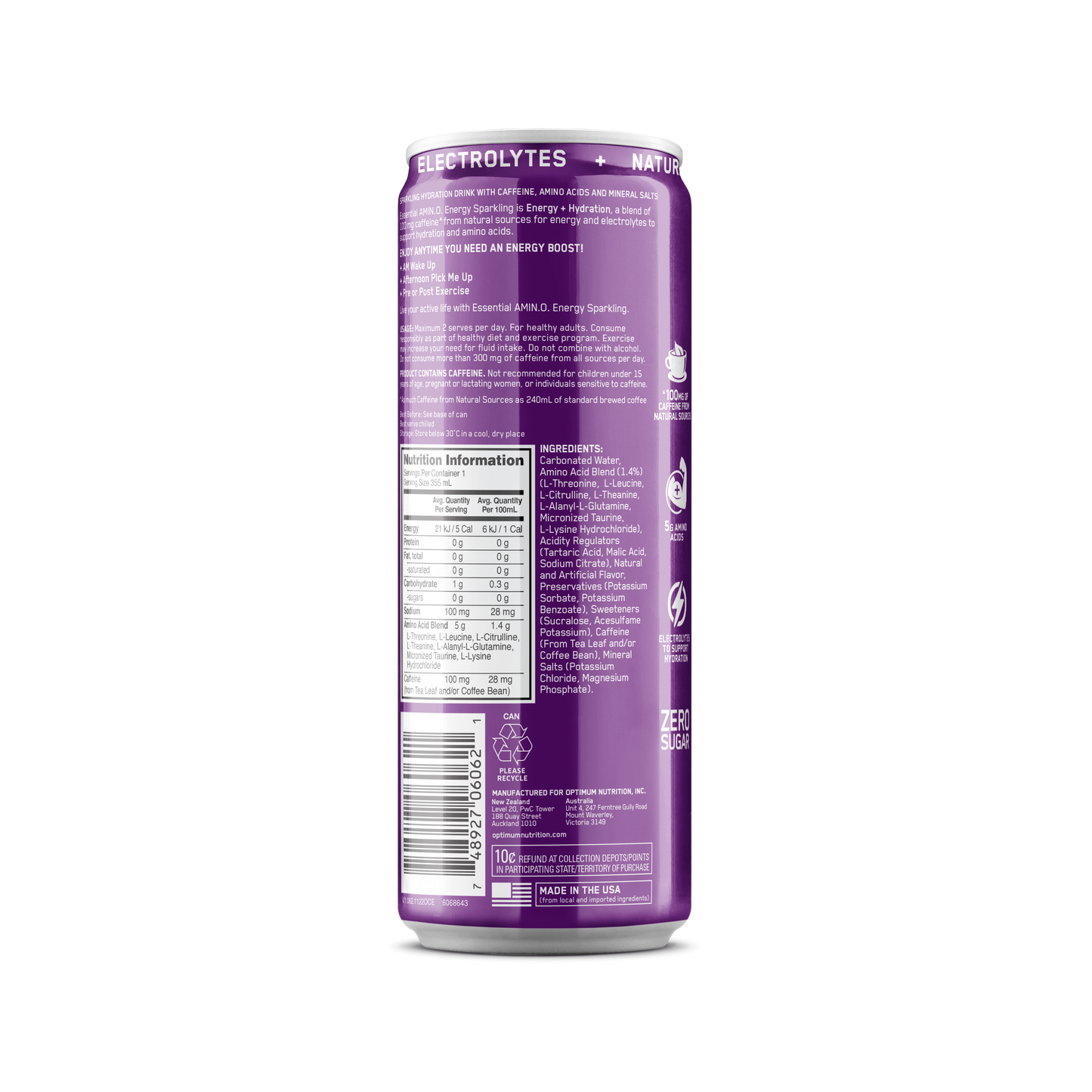 Amino Energy + Electrolytes Sparkling RTD by Optimum Nutrition (Box of 12 Cans) - Sardo Nutrition
