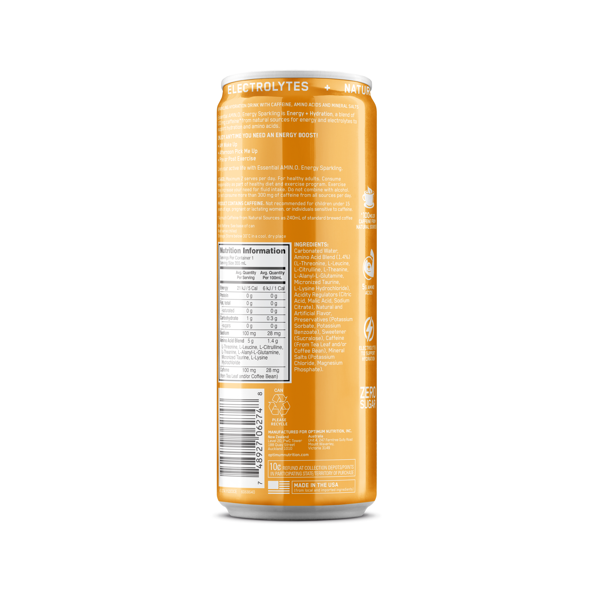 Amino Energy + Electrolytes Sparkling RTD by Optimum Nutrition (Box of 12 Cans) - Sardo Nutrition