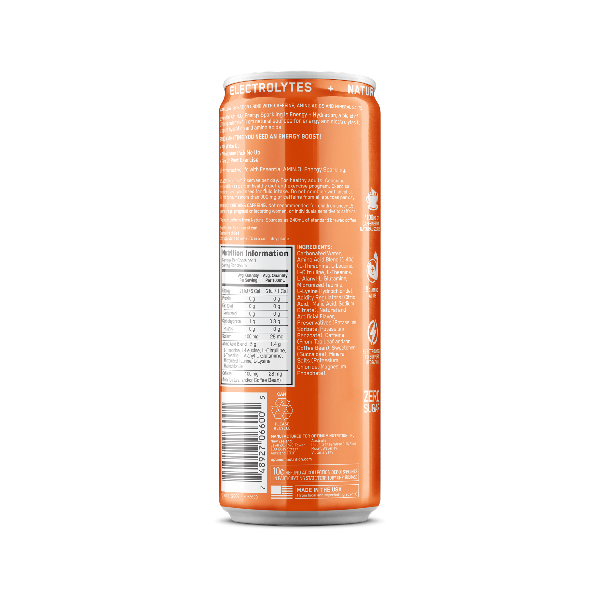Amino Energy + Electrolytes Sparkling RTD by Optimum Nutrition (Box of 12 Cans) - Sardo Nutrition