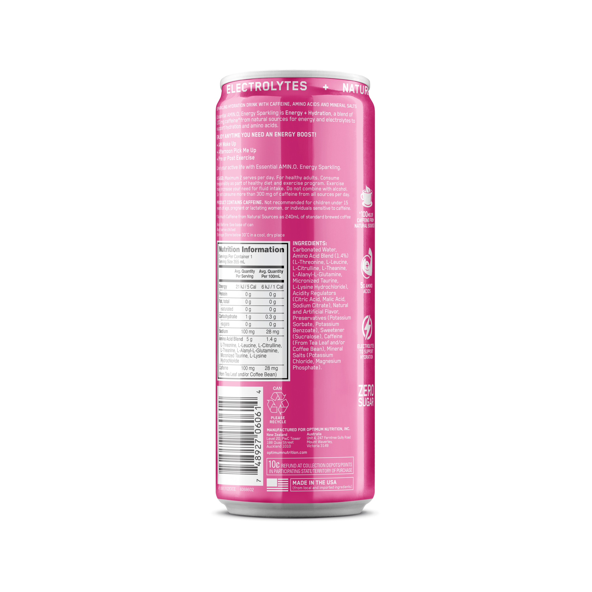 Amino Energy + Electrolytes Sparkling RTD by Optimum Nutrition (Box of 12 Cans) - Sardo Nutrition